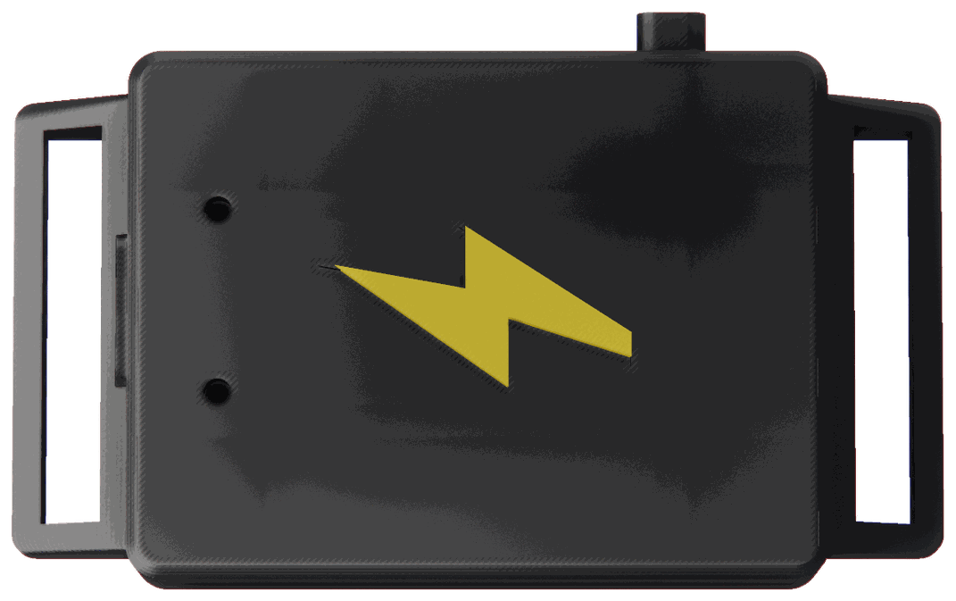 The Explosive Belt sensor from above: the status light in the lid, the power switch on one edge, the USB-C port, and a 26 mm strap slot on each side.